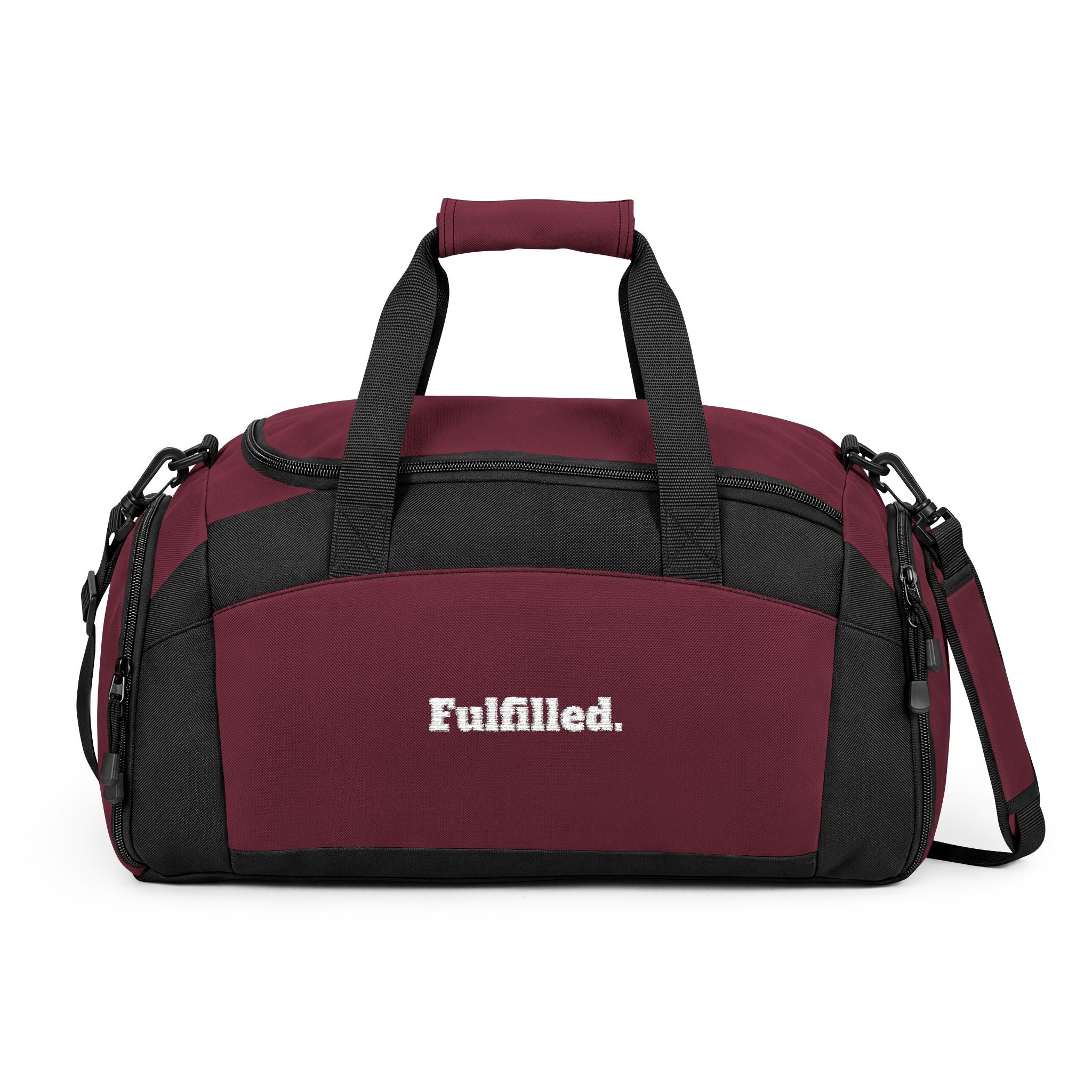 Fulfilled Gym Bag — Black Duffle with 'Fulfilled.' Embroidered