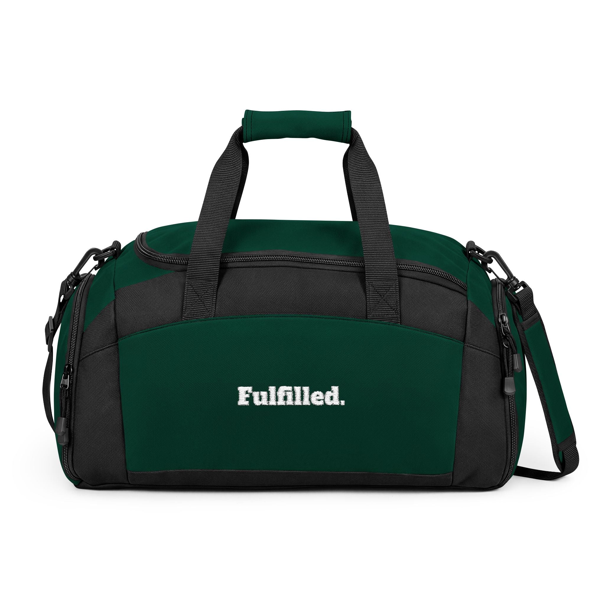 Fulfilled Gym Bag — Black Duffle with 'Fulfilled.' Embroidered