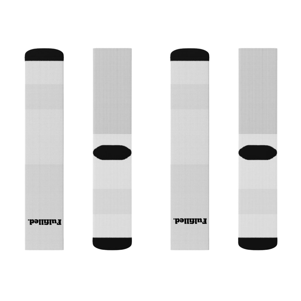 Minimal White Sublimation Socks with Small 'Exhausted.' Text — Novelty Crew Socks