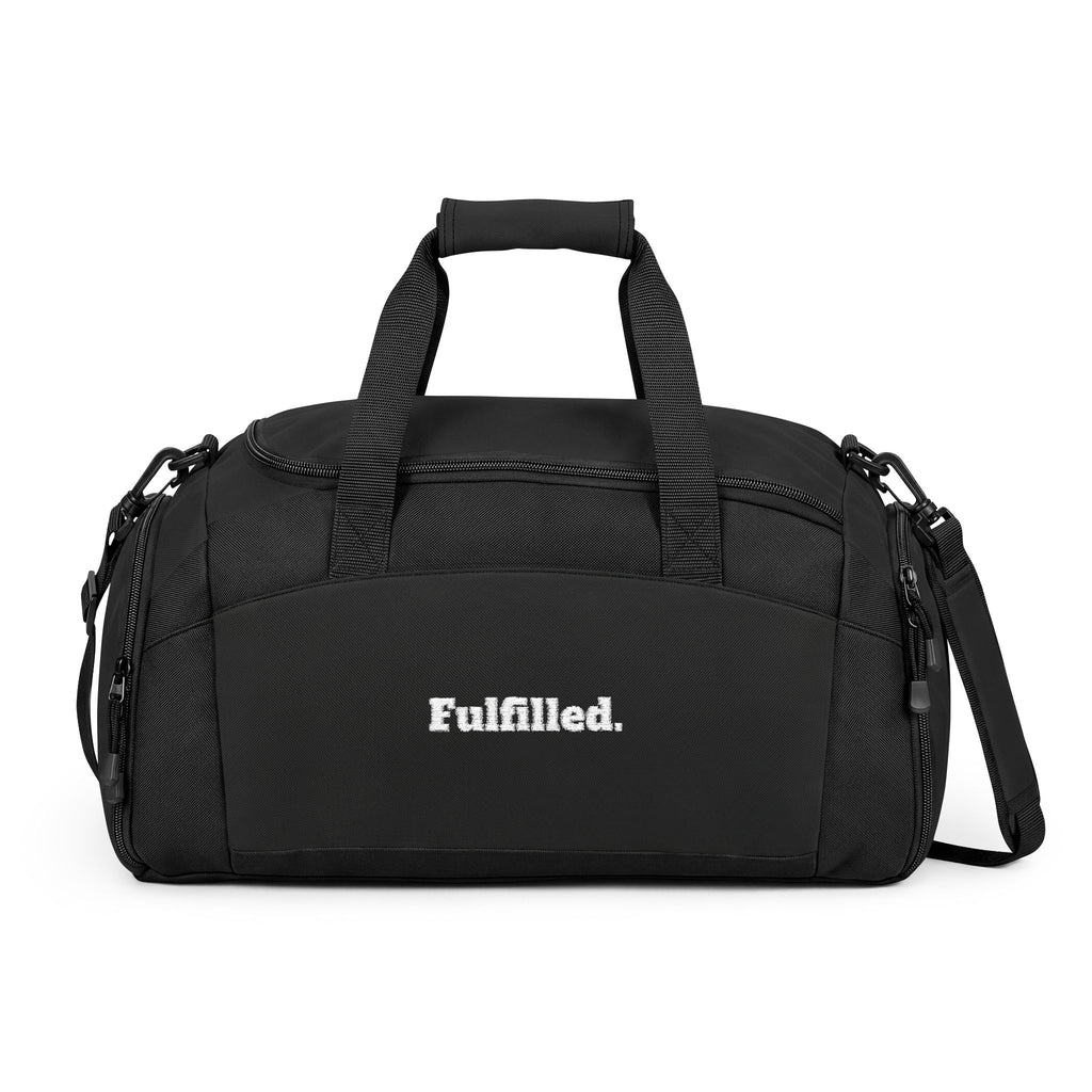Fulfilled Gym Bag — Black Duffle with 'Fulfilled.' Embroidered