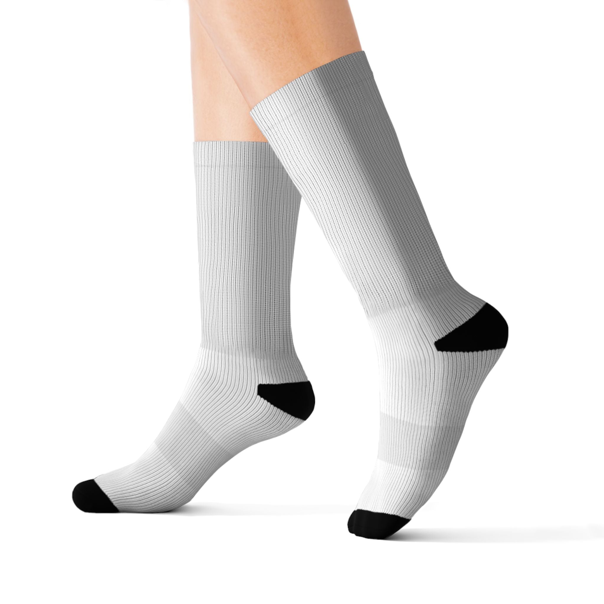 Minimal White Sublimation Socks with Small 'Exhausted.' Text — Novelty Crew Socks